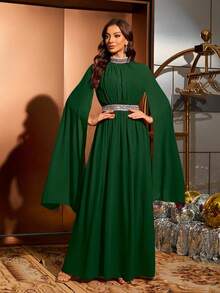Long Sleeve Chiffon Patchwork Sequins Trim Waist Maxi Chiffon Arabic Formal Dress,Modest - Dark Green - View 6