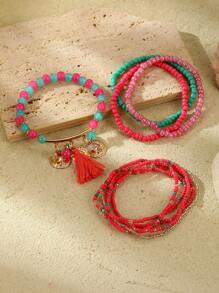 Set de 9 piezas Brazaletes de mujer con cuentas de vidrio y borlas, estilo bohemio con cadena metálica