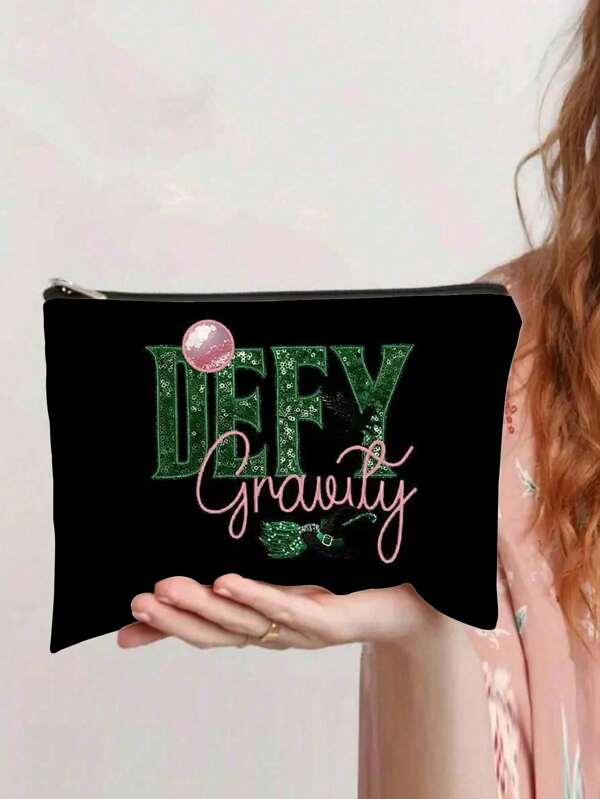 Defy Gravity" Black Travel Pouch With Pink Glitter Accents - Lightweight Polyester Makeup Bag For Women, Wicked Witch & Wizard Of Oz Inspired, Zippered Toiletry Organizer, Ideal Gift For Daughter, Makeup Travel Bag