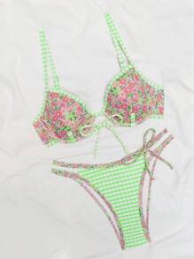 热带印花比基尼套装，带钢圈和流苏装饰，是夏季海滩度假的完美之选 - 綠色 - 查看 6