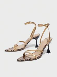 Women's Fashionable High Heels, Suitable For Parties, Outdoor Events, Elegant Banquets, Featuring Shiny Metallic Material, Pointed Toe, Leopard Print Ankle Strap, Stylish & Sexy, Gold Color Spring/Summer