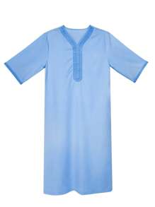 Men's Morocco Style Embroidered Short Sleeve Robe With Side Pockets, Islamic Men's Casual Home Robe, Ramadan Men's Robe - Baby Blue - View 2