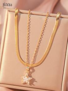 Hihho 2pcs Minimalist Sparkling Cubic Zirconia Star Pendant Necklace Set, Elegant Daily Wear Jewelry Gift For Her - Gold - View 2