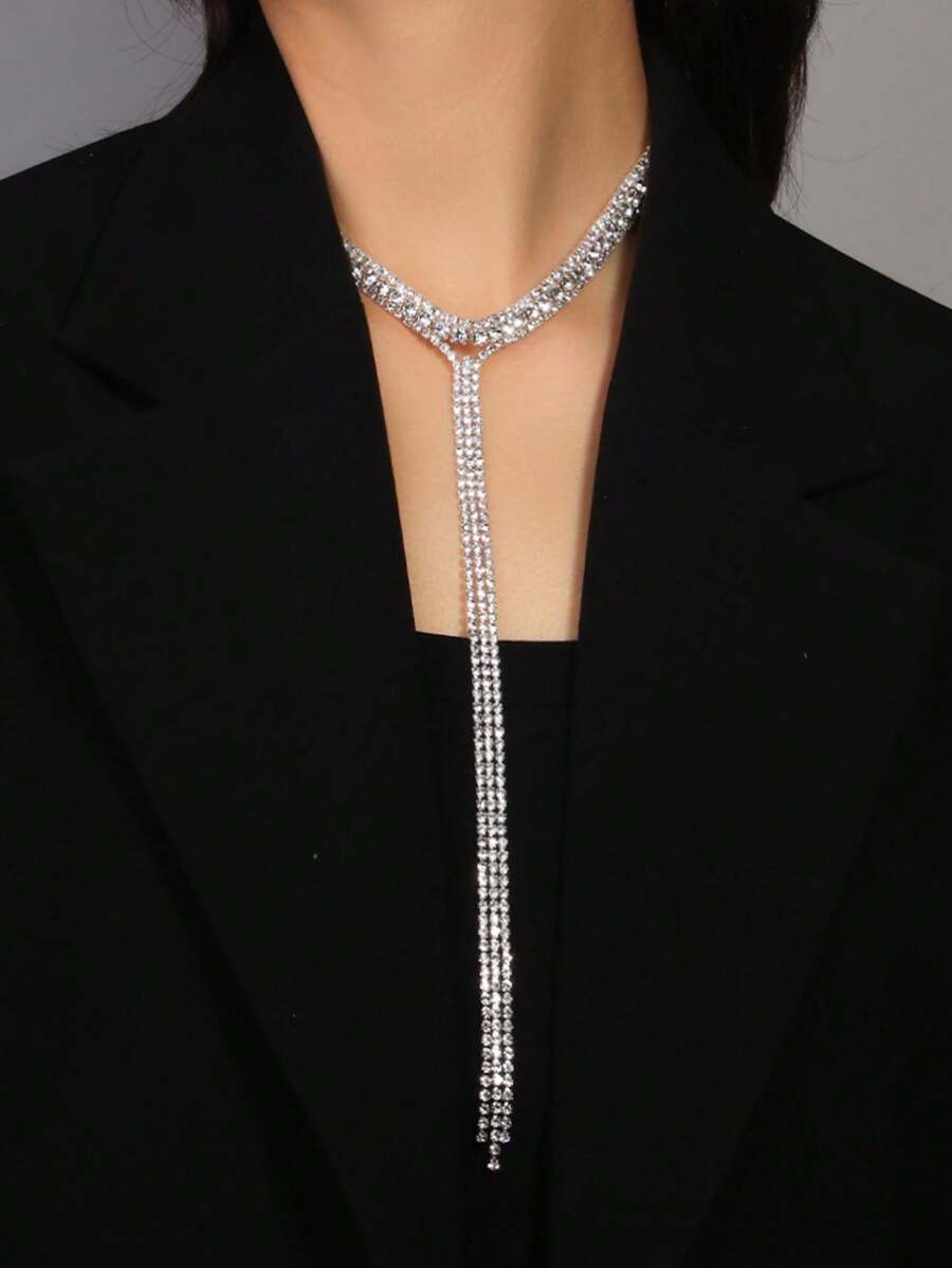 1pc Silver Luxurious Bling Crystals Double Row Long Tassel Chain Necklace For Women - Silver - View 1