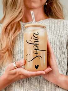 1Pc 500Ml Personalized Custom Name Large Capacity Glass Cup With Straw And Straw Cleaning Brush, Bamboo Lid, Summer Cooling Water/Coffee/Beverage Cup, Customized Name, Stein, Juice, Milk, Iced Coffee Cup - Great Gift For Friends, Parents, Classmates On Holidays, Multi-Functional, Durable, Ornamental, Reusable, Exquisite, Stylish, High-Quality, Colorful, Unique, Brunch-Ready, Home & Living, Kitchen & Dining, Customized Cups,Office Decor