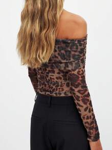 Womens Off Shoulder Mesh Tops Long Sleeve Leopard Print Slim Fit T-Shirts Ruched Blouses - Khaki - View 6