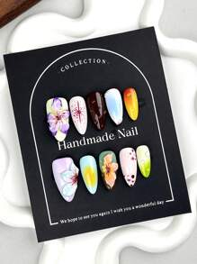 10 stuks kleurrijke amandelkunstnagels voor vingers met natuurlijke en gladde randen voor professionele nagelsalons (het werkelijke patroon kan enigszins afwijken van de afbeelding vanwege het handwerk)