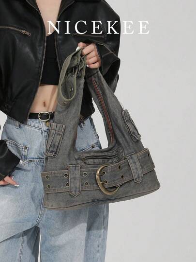 女士新款Y2K腋下包，休闲酷炫千禧元素朋克复古手提包，金属摇滚装饰大容量通勤牛仔单肩包，适合女士在各种场合购物和旅行。Y2K包，2000年代时尚风格，哥特朋克风格女包