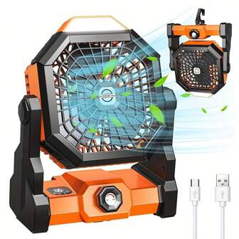带 LED 灯的便携式露营风扇，可充电户外风扇，多速/3 种亮度等级/摇头/连接，电池供电的露营风扇，露营帐篷，夏季露营降温，海滩，旅行