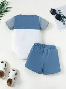 Baby & Toddler Boys' Summer Casual Round Neck Patchwork Bodysuit Set - Blue - View 2