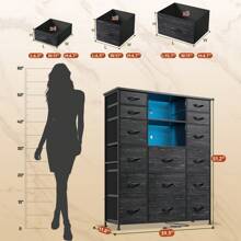 EnHomee 51"H Tall Dresser With 15 Drawers, Dresser For Bedroom With LED Lights & Hutch Sturdy Fabric Bedroom Dresser, Steel Frame, Wood Top, 51.2"H X 39.3"W X 11.8"D, Mother's Day Decor, Room Decor, Home Decor, Black Wood Grain - Xem 2