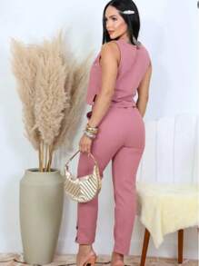 Women's Formal Set Cropped Trousers With Tie - 乾枯玫瑰色 - 查看 2