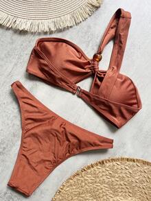 Bộ đồ bơi bikini hở lưng màu trơn đi biển mùa hè cho nữ - màu nâu - Xem 2