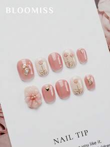 10 片手工制作短款按压指甲，粉色指甲，温柔花朵，夏季指甲，可重复使用假指甲美甲用品指甲
