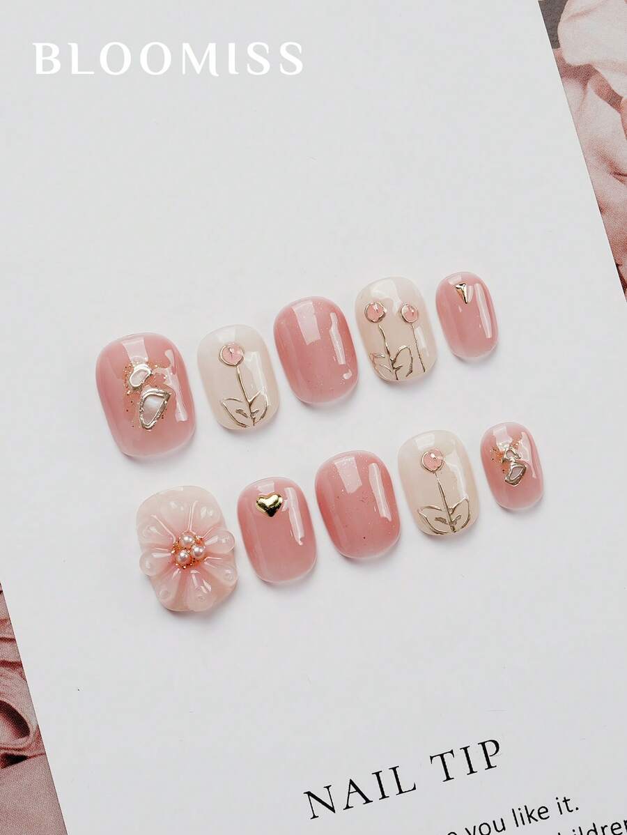 10 片手工制作短款按压指甲，粉色指甲，温柔花朵，夏季指甲，可重复使用假指甲美甲用品指甲