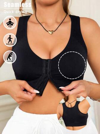 1 件装前钩无缝透视运动胸罩，弹力支撑黑色瑜伽胸罩，适合女士