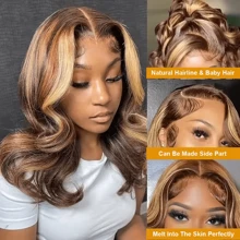 10 Inch 13X4 Transparent Lace HD Lace Front Wig With Baby Hair #4/27 Highlight Natural Wave Glueless Human Hair Water Wave Wig Pre Plucked With Bleached Knots 200 Density For  Woman