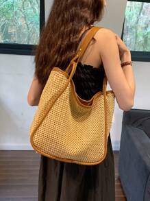 1 peça bolsa de ombro de palha trançada cáqui de grande capacidade, bolsa tote simples da moda adequada para mulheres, férias, compras, uso diário - Caqui - Ver 2