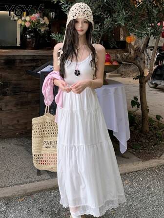 [Y6Y] Gentle White Lace Trim Patchwork Spaghetti Strap Dress, Sweet Layered Ladies Cake Dress For Autumn/Winter