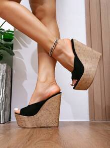 Damen gewebte Plateau-Keilsandalen im Retro-Stil, Plateausohle aus wasserdichtem Holzmaserung-Riemen, Kreuzriemen, elastischem Fersenriemen, Plateau-Absatz Pantoletten, passend für Frühjahrsurlaubsoutfit, bohemian sexy Club High Heels - Schwarz - Übersicht 3