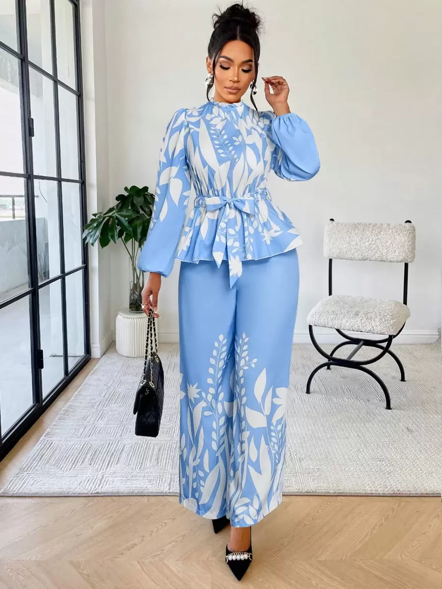 AIJ Amarilo 女士花卉印花腰收腰衬衫&阔腿裤套装两件套（定位印花）