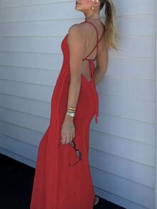 Vestido de punto con anudar en el cuello, de unicolor y estilo sencillo para uso diario de mujer - Rojo - Ver 4