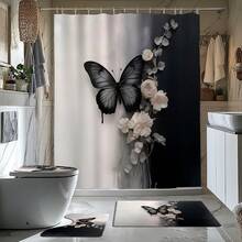 4 Stücke Badezimmer Set im Schmetterling Rose Motiv, inklusive Duschvorhang, Badematte, U-förmiger Toilettendeckel, Toilettenabdeckung, wasserdichter Duschvorhang, modischer Vorhang für Badezimmerdekoration, moderne Badezimmer Trennwand Vorhang, ohne Bohren, aus Polyester, maschinenwaschbar, Weihnachtsdekoration