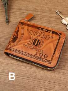 1 pieza Billetera casual de moda para hombre, estilo retro con estampado de USD, bolsa con cremallera corta de PU, ultraligera, monedero multifuncional, fácil de llevar, adecuado para adolescentes, casual de verano, al aire libre, deportivo, viajes, regalos de graduación o cumpleaños, accesorios formales/de negocios, ideas para el Día de San Valentín