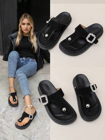 Sandale de vară pentru femei, cu curele în T, decorate cu strasuri, în stil de vacanță, sandale de plajă plate, groase, anti-alunecare.