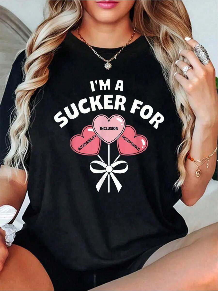 Funny I'm A Sucker For My Patients Inclusion SLP Valentine T-ShirtWomen's Casual Short Sleeve Crew Neck T-Shirt For Spring & Summer - Comfortable, Relaxed Fit, Printed Graphic Tee For Sport Lovers - màu đen - Xem 1