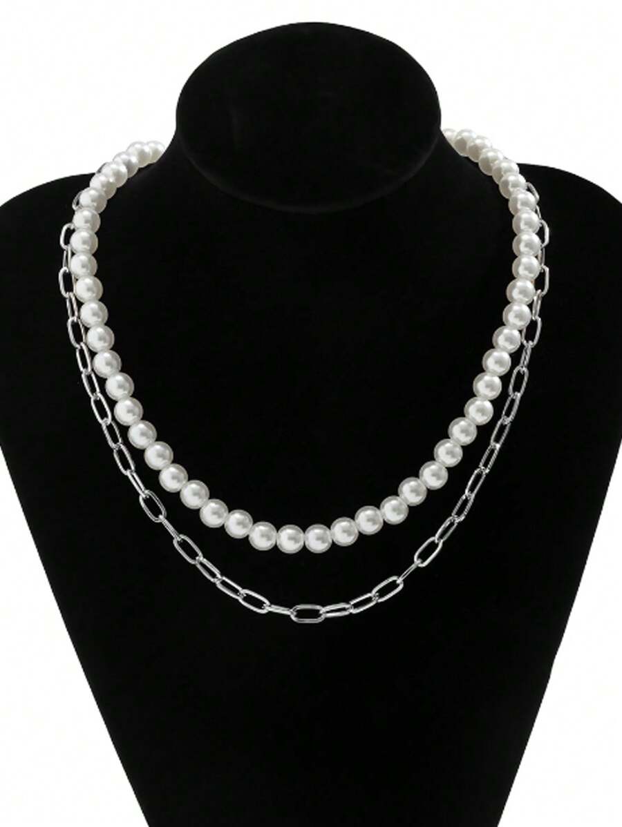 2pcs Necklace Set, European And American Style Dual-Layer Faux Pearl Necklaces, Unisex Personalized Design, Versatile Chokers For Women And Men - Butterfly - View 1