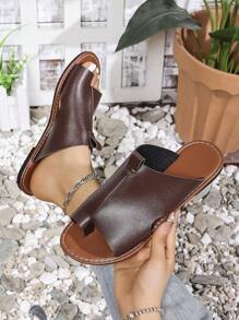 Sandalias planas para mujer, de moda casual estilo europeo y americano, con punta redonda, parche y diseño slip-on para la playa