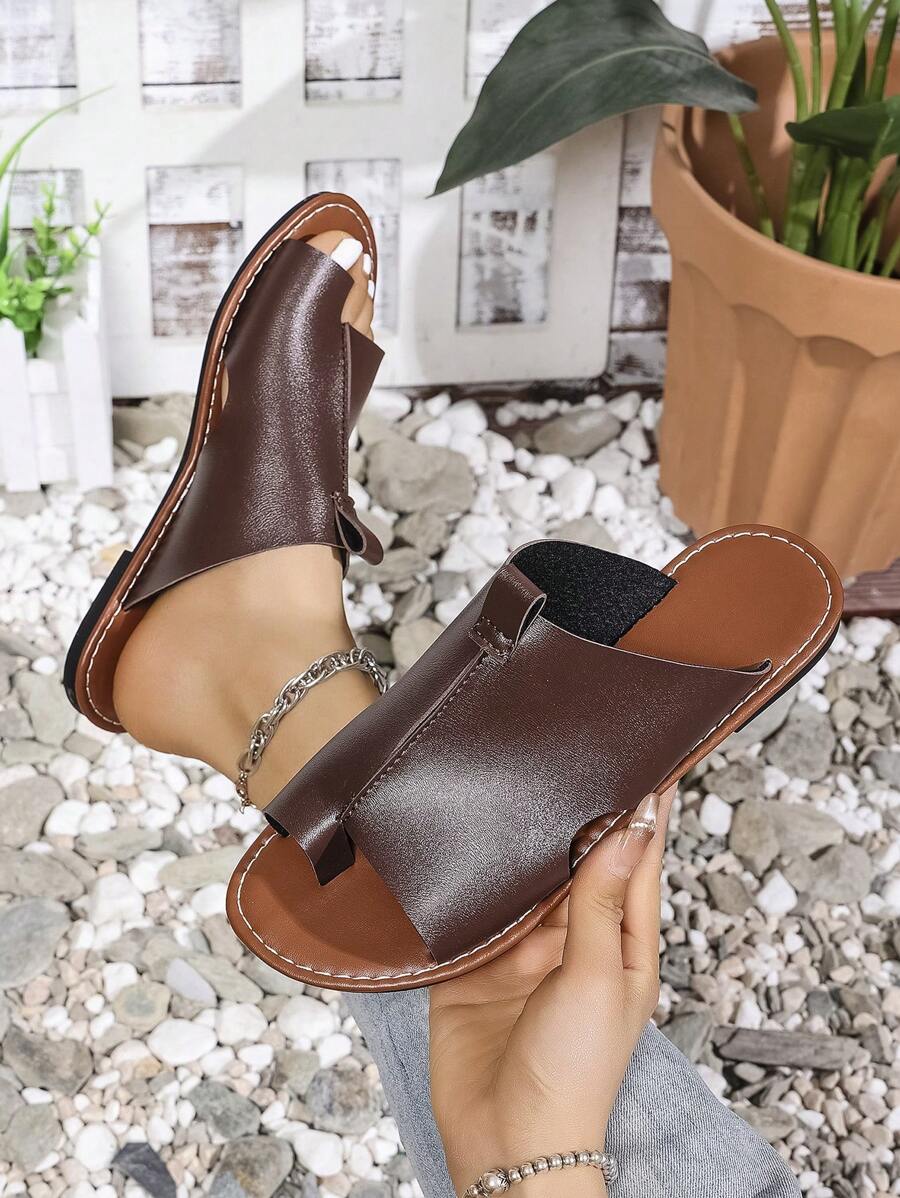 Sandalias planas para mujer, de moda casual estilo europeo y americano, con punta redonda, parche y diseño slip-on para la playa