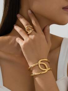 2 件套粗珠宝创意夸张金属泪珠手链和戒指套装，适合女士，多功能通勤和约会，精致礼物 - 金色 - 查看 15