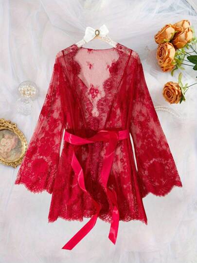 Plus Size Sexy Red Valentine's Day Lace Lingerie Women's Nightgown, Semi-Transparent Lace-Up Elegant Long Sleeve Nightgown For Rave