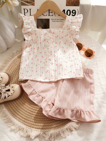 Bộ đồ 2 món cho bé gái gồm áo và quần short viền hoa, trang phục mùa hè dễ thương, đồ dự sinh nhật.