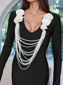 Bernatova New Designer Celebrity Prom Valentine's Evening Sexy Long Sleeve V Neck 3D Floral Faux Pearls Chain Banquet Elegant Women Mini Dresses, Party Dress, Wedding Guest Cocktail Dress - Black - View 6