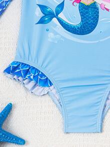 1pc Girls' Round Neck Long Sleeve Zipper Mermaid Scale Print Swimsuit - Royal Blue - View 6