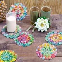 8pcs/Set Diamond Painting Lotus Pattern Coaster Set, Sparkling Rhinestone Heat-Resistant Beverage Coasters With Holder, DIY Coasters Crafts Supplies, Gifts For Beginners & Adults