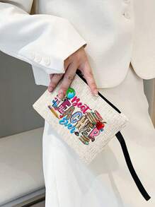 Bolso de maquillaje con estampado de "Maestro" como regalo de apreciación para profesores, monedero de lino, bolsa de cosméticos con forro sin cierre - Perfecto para educadores y personal escolar, regalo de agradecimiento para maestros, accesorios casuales y elegantes para salidas, vacaciones, traslados diarios, bolsa de cosméticos - Multicolor - Ver 3