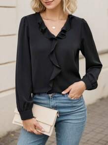 hoteel Women's Ruffled V-Neck Long Sleeve Shirt - màu đen - Xem 3