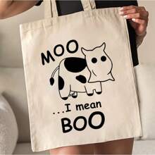 1 Piece Preppy Style Halloween Cow Print Canvas Satchel Bag - Large Capacity, Machine Washable, Fashion Women's Shoulder Satchel Bag With Fixed Shoulder Strap, No Closure Design - 淺褐色的 - 查看 2