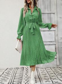 Eilly Bazar Vacation Style Women's Turndown Collar Ruffle Hem Long Sleeve Pleated Dress With Belt And Ditsy Floral, Slim Fit Vintage Dress For Spring/Summer - Green - View 1