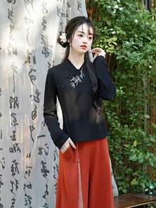 优雅复古中国风竹叶刺绣长袖轻盈休闲唐装 - 黑色 - 查看 9