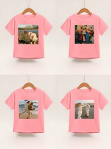 Camisetas personalizadas impresas, personaliza con tus fotos, familia, amigos, mascotas, cumpleaños, vacaciones, uniformes de equipo/outdoor/escuela/deportes, camisetas de cuello redondo de manga corta personalizadas para niñas/niños, blusas negras, regalos perfectos para mejores amigos, cumpleaños - Rosa - Ver 2