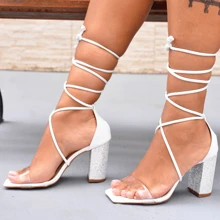 Women's White Sandals With 9cm Glitter Heel - 白色 - 查看 5