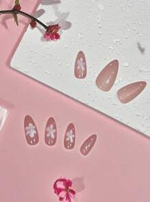 24pcs Oval Shiny Pink Floral Nail Wraps - Includes 1pc Gel Nail Polish And 1pc Nail File, Suitable For Women's Daily Nail Art Decoration