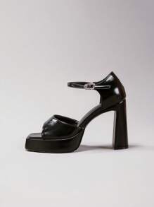 Women's Black High Heel Shoes With Waterproof Platform, Glossy PU Material, Thick Wedge Heel, Open Toe, Suitable For Summer Party