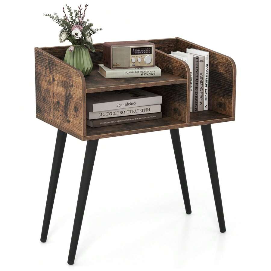 Mid Century Modern Nightstand End Table With Open Shelves - Brown - View 1
