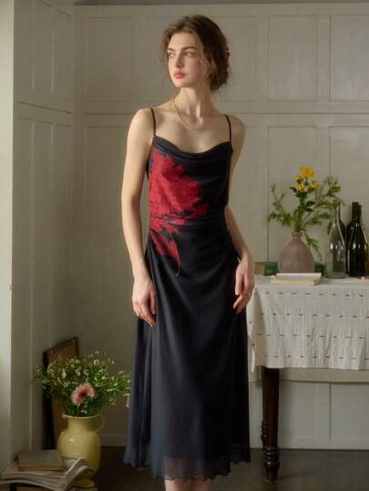 Simple Retro Women's Spring And Summer Models Holiday Style Positioning Jacquard Collision Elegant Retro Elegant Swing Collar Mid-Length Halter Dresses